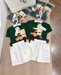 SET BỘ ÁO THUN XANH LÁ ÔTÔ QUẦN ĐÙI TRẮNG BÉ TRAI SẴN( xả 50k)