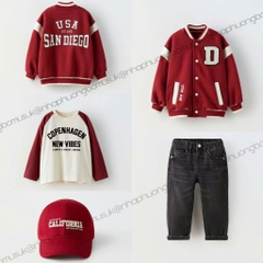 SÉT DÀI 3 MÓN COVER NEW ÁO KHOÁC BOMBER ĐỎ ÁO PHÔNG QUẦN JEAN BÉ TRAI
