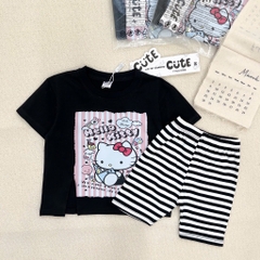 SET BỘ COTTON HELLO KITTY ĐEN MIX QUẦN LEGGING KẺ CHO BÉ GÁI