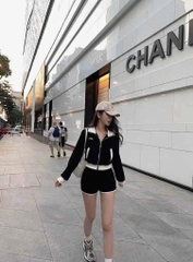 SET ÁO KÉO KHOÁ DÀI TAY QUẦN ĐÙI VIỀN TRẮNG NỮ THU ĐÔNG
