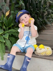 SET BỘ 3 LỖ DAMIANO'S ÁO TRẮNG QUẦN KẺ TONE XANH CHO BÉ TRAI