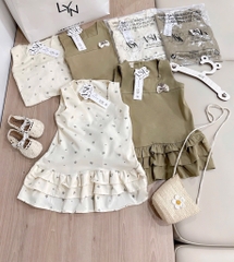 VÁY BÈO 3 TẦNG COTTON XANH RÊU VÀ CHẤM BI BÉ GÁI