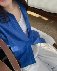 SET ÁO SƠ MI XANH COBAN + QUẦN SUÔNG NỮ