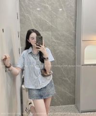 ÁO SƠ MI KẺ XANH CỘC TAY THÊU LOGO NỮ (KH ĐẶT SLL)