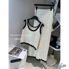 SET ÁO MIX CHÂN VÁY LEN MÀU KEM VIỀN ĐEN NỮ