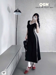 VÁY DÁNG DÀI TAY PHỐI SỌC NỮ