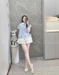 ÁO GU XANH PLEUM DÁNG XOÈ XẾP BÈO NỮ SẴN