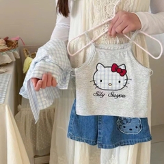 SÉT 3 CHI TIẾT ÁO 2 DÂY SƠ MI KẺ QUẦN VÁY JEAN KITTY BÉ GÁI