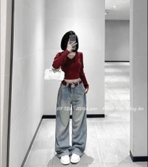 QUẦN JEAN NỮ SUÔNG PHỐI TÚI THÊU LOEWE ĐỎ SẴN (SALE 94k)