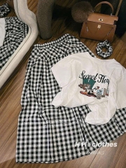 SET BỘ ÁO PHÔNG SWEET HOME MIX CHÂN VÁY KẺ NỮ