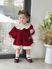 SET VÁY NHUNG NHŨ ĐỎ DÀI TAY 3 CHI TIẾT BÉ GÁI SẴN