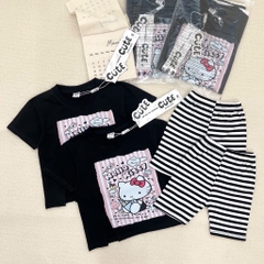SET BỘ COTTON HELLO KITTY ĐEN MIX QUẦN LEGGING KẺ CHO BÉ GÁI