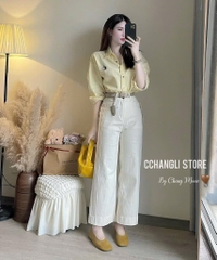 ÁO SƠ MI VÀNG THÊU MICKEY DÀI TAY NỮ
