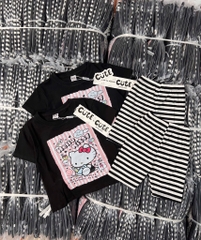 SET BỘ COTTON HELLO KITTY ĐEN MIX QUẦN LEGGING KẺ CHO BÉ GÁI