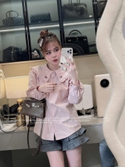 ÁO SƠ MI HỒNG CỔ THÊU HOA NỮ SẴN (SALE 75k)