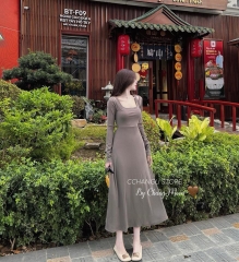 VÁY LEN MIDI CỔ VUÔNG ĐAN(xả 128k)