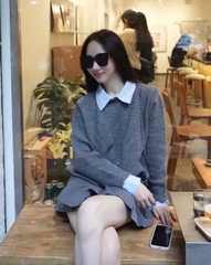 ÁO LEN XÁM PHỐI CỔ SƠ MI NỮ THU ĐÔNG