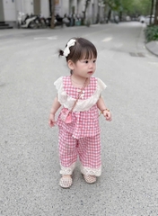 SET KẺ CARO HỒNG VIỀN BÈO BÉ GÁI (xả 39k)