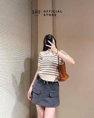 ÁO LEN KẺ THÊU GẤU CỘC TAY NỮ SẴN (SALE 95k)