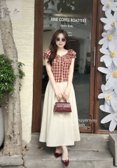 SET ÁO CARO ĐỎ TAY BỒNG CHÂN VÁY KEM LY DÀI NỮ SẴN (SALE 129k)