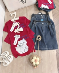SET ÁO PHÔNG ĐỎ MÈO QUẦN BÒ BÉ GÁI (xả 65k)