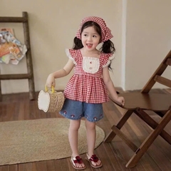 SET BỘ KÈM KHĂN KẺ ĐỎ BÉ GÁI SẴN( xả 45k)