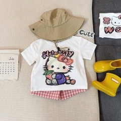 SET BỘ HELLO KITTY ZOZ WOW ÁO TRẮNG QUẦN SOOC CARO HỒNG BÉ GÁI SẴN