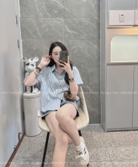 ÁO SƠ MI KẺ XANH CỘC TAY THÊU LOGO NỮ (KH ĐẶT SLL)