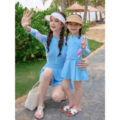 ĐỒ BƠI - BỘ BƠI LIỀN VÁY XANH DƯƠNG CHO MẸ VÀ BÉ GÁI