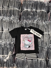 SET BỘ COTTON HELLO KITTY ĐEN MIX QUẦN LEGGING KẺ CHO BÉ GÁI