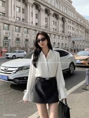 ÁO SƠ MI DẬP LI TAY NƠ BUỘC NỮ SẴN