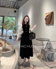 VÁY NHUNG CỔ BÈO PHỐI ĐÍNH NƠ EO HAI BÊN
