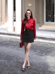 ÁO SƠ MI LỤA ĐỎ CỔ DÀI NỮ SẴN
