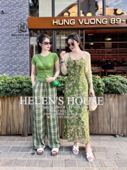 SET QUẦN KẺ 2 LI XANH RÊU NỮ