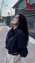 ÁO SƠ MI XANH THAN THÊU NGỰA DÀI TAY NỮ SẴN( XẢ 75k )