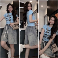 SET BỘ ÁO CHỮ KEEP XANH QUẦN BÒ NỮ SẴN