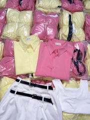 SET ÁO SƠ MI HỒNG MIX QUẦN VẢI TRẮNG NỮ
