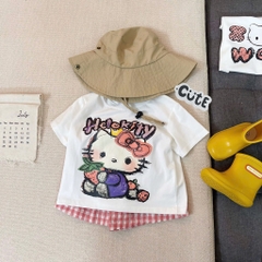 SET BỘ HELLO KITTY ZOZ WOW ÁO TRẮNG QUẦN SOOC CARO HỒNG BÉ GÁI SẴN