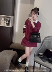 SET ÁO THÊU NGỰA VÁY NGẮN ĐỎ MẬN NỮ THU ĐÔNG
