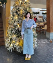 ÁO SƠ MI KẺ XANH PHỐI CỔ TAY TRẮNG NỮ