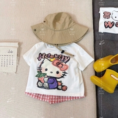 SET BỘ HELLO KITTY ZOZ WOW ÁO TRẮNG QUẦN SOOC CARO HỒNG BÉ GÁI SẴN