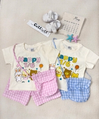 SÉT HAPPY 1/6 CHO BÉ TRAI BÉ GÁI MIX QUẦN CARO KÈM TÚI ĐEO CHÉO 3CT SẴN