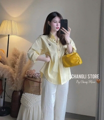 ÁO SƠ MI VÀNG THÊU MICKEY DÀI TAY NỮ