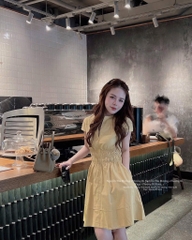 VÁY CỔ CAO TAY CỘC NHÚN EO NỮ