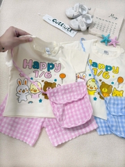 SÉT HAPPY 1/6 CHO BÉ TRAI BÉ GÁI MIX QUẦN CARO KÈM TÚI ĐEO CHÉO 3CT SẴN