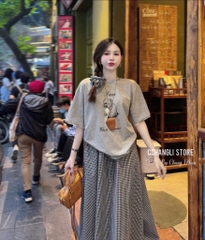 SET ÁO COTTON CHÂN VÁY REN KẺ NỮ