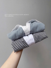 ÁO KẺ PHỐI CỔ TRẮNG CỘC TAY NỮ 2 MÀU