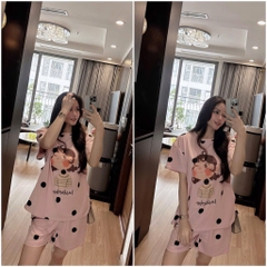 SET BỘ ÁO PHÔNG HỒNG CÔ GÁI CHẤM BI QUẦN ĐÙI NỮ SẴN