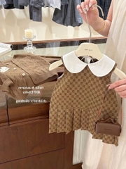 SET CARDIGAN DÀI TAY KÈM VÁY NÂU TÂY BÉ GÁI