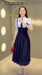 VÁY PHỐI CỔ VUÔNG XẾP LI TAY BỒNG MIXX CÚC CỎ 4 LÁ NỮ SẴN